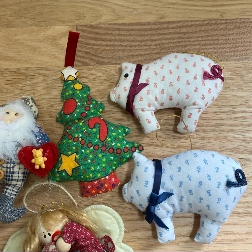 Vintage Stuffed Pig Santa Christmas Ornaments Sewn Plush Angel Tree